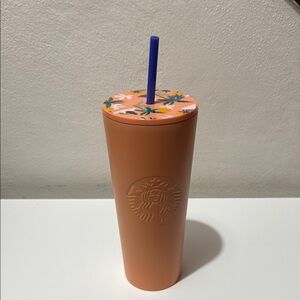 Starbucks Peach Tumbler with Floral Top and Blue Straw